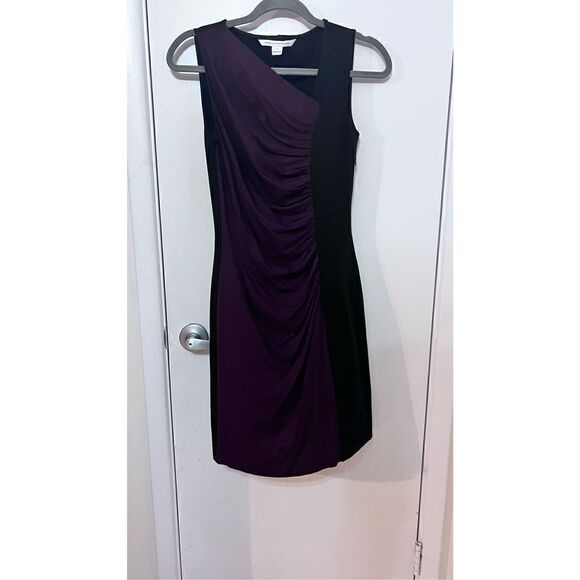 DIANE VON FURSTENBERG GLADYS SHIRRED PURPLE BLACK RUCHED DRESS SZ 2 - Picture 3 of 12